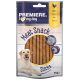 Verpackung von Hundesnacks mit der Marke "Premiere. Ich ❤️ meinen Hund", mit einem lächelnden Labrador und dem Etikett "Fleischsnack-Sticks", 70g.