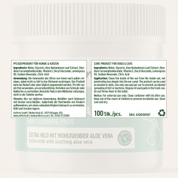 Ohrenreinigungspads für Hunde und Katzen, mit beruhigendem Aloe Vera. Enthält 100 Pads. Zutaten und Anwendungshinweise enthalten.