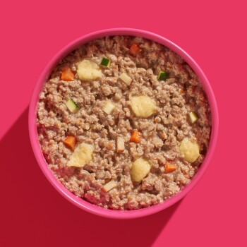 Eine rosa Schüssel gefüllt mit Haustierfutter, das eine Mischung aus Hackfleisch, kleinen Gemüsestücken und weichen Fruchtstücken enthält.