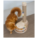 Eine verspielte orange Katze interagiert mit einem Holzspielzeug für Katzen, das einen Kratzbaum und bunte Bälle in einer runden Basis enthält.