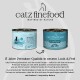 Dwie puszki karmy dla kotów catz finefood pokazujące stare i nowe opakowania o smaku śledzia i krewetek.