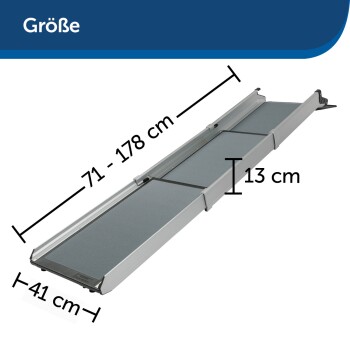 Haustierrampe mit verstellbarer Länge (71-178 cm) und Breite (41 cm), mit einer strukturierten Oberfläche für Traktion, beschriftet mit Abmessungen.