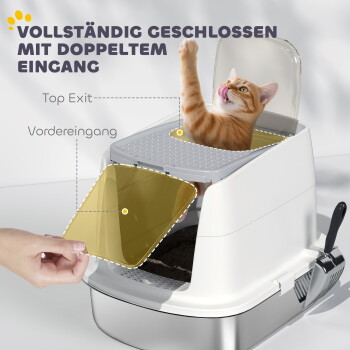 Orangegetigerte Katze schaut von oben aus einer weißen geschlossenen Katzentoilette mit geöffneter Frontklappe hervor; sichtbarer deutscher Text 'Vollständig geschlossen'