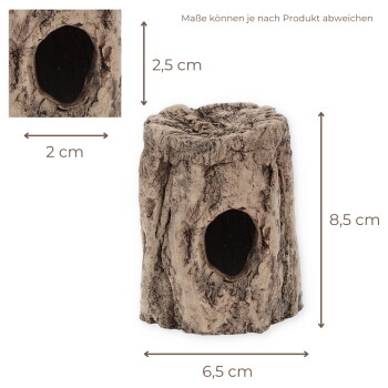 Kleine künstliche Baumstamm-Höhle für Haustiere mit ovalem Eingang; beschriftete Maße 6,5 cm × 8,5 cm × 2,5 cm und deutscher Text 'Maße können je nach Produkt abweichen'.
