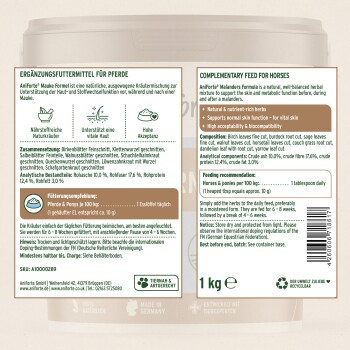 Ergänzungsfutter für Pferde, AniForte Mauke Formel, mit natürlichen Kräutern zur Unterstützung der Haut. Zutaten und Fütterungsempfehlungen sind detailliert.