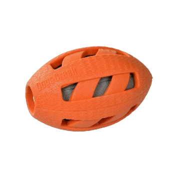 Orange rubber dog toy shaped like a football, featuring cut-out sections and a textured surface for better grip.