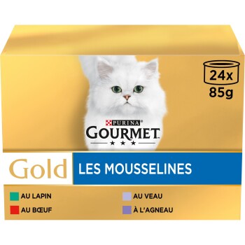 Boîte Purina Gourmet Gold Les Mousselines pour chat montrant un chat blanc à poils longs et texte 24x85 g