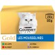 Boîte Purina Gourmet Gold Les Mousselines pour chat montrant un chat blanc à poils longs et texte 24x85 g