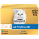 Boîte Purina Gourmet Gold Les Mousselines pour chat montrant un chat blanc à poils longs et texte 24x85 g