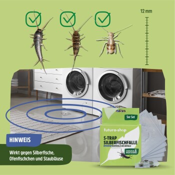 Anleitung zur Verwendung einer Schädlingfalle, die die Schritte a, b und c für die Einrichtung zeigt, mit Text auf Deutsch über das Fangen von Silberfischen und anderen Schädlingen.