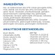 Ingrediëntenlijst voor huisdiervoeding, inclusief kippenmeel, maïs, bruine rijst en prebiotische mix, met voedingsanalyse en vitamine-inhoud.