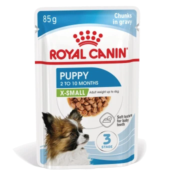 Royal Canin Puppy X-Small Nassfutterbeutel für Hunde, 85 g, Stücke in Soße, für Welpen von 2-10 Monaten, weiche Textur für Milchzähne.