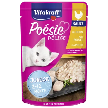 Rosa Futterbeutel für Haustiere mit einer weißen Katze, beschriftet "Vitakraft Poésie Délice Sauce", Hühnergeschmack, zuckerfrei, getreidefrei, für Junioren.