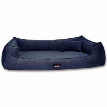 Marineblaues Haustierbett mit erhöhten Seiten und einem kleinen Kissen, mit einem Tierlando-Logo auf der Vorderseite.
