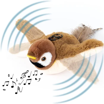 Plüschvogelspielzeug mit Soundfunktionen, das musikalische Noten und Schallwellen zeigt, entworfen für die Unterhaltung von Haustieren.