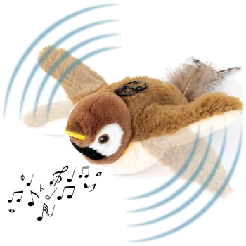 Plüschvogelspielzeug mit Soundfunktionen, das musikalische Noten und Schallwellen zeigt, entworfen für die Unterhaltung von Haustieren.