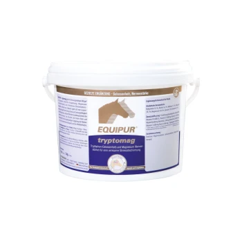 Weißer Behälter von EQUIPUR tryptomag, einem Nahrungsergänzungsmittel für Pferde zur Entspannung und Stressbewältigung, mit einer Pferdesilhouette und Nährwertinformationen.