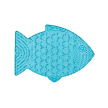 Eine blaue Silikon-Haustierleckmatte in Fischform, mit strukturierten Mustern, um Haustiere während der Fütterung zu beschäftigen.