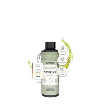 Flasche des Alphazoo Pupsbremse Haustier-Ergänzungsöls mit natürlichem Rezept und von Experten entwickelten Etiketten.