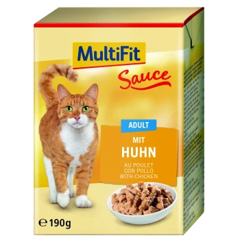 Adult in Sauce 12x190g mit Huhn Katzenfutterverpackung mit einer Katzensilhouette, beschriftet mit "MultiFit Sauce Adult mit Huhn" und einer Schüssel mit Hühnergeschmack-Nassfutter.