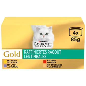 Packung mit vier 85g Dosen Purina Gourmet Gold Katzenfutter, mit einer weißen Katze auf der Vorderseite und Geschmacksrichtungen: Huhn, Rind, Lamm und Truthahn.
