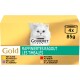 Packung mit vier 85g Dosen Purina Gourmet Gold Katzenfutter, mit einer weißen Katze auf der Vorderseite und Geschmacksrichtungen: Huhn, Rind, Lamm und Truthahn.