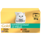 Packung mit vier 85g Dosen Purina Gourmet Gold Katzenfutter, mit einer weißen Katze auf der Vorderseite und Geschmacksrichtungen: Huhn, Rind, Lamm und Truthahn.