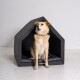 Ein Hund sitzt in einem modernen, grauen Haustierhaus mit einem schwarzen Kissen, das ein gemütliches und stilvolles Design zeigt.