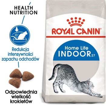 Torba karmy dla kotów Royal Canin Home Life Indoor z ilustracją rozciągającego się kota, z tekstem na temat zdrowego odżywiania i redukcji zapachów.