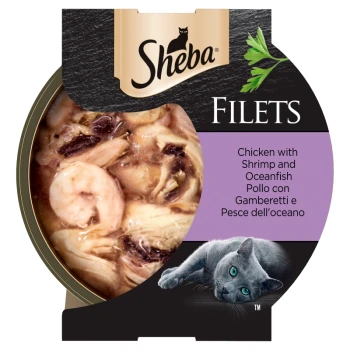 Sheba Filets cat food with chicken, shrimp, and oceanfish, featuring a gray cat and parsley garnish on the label.