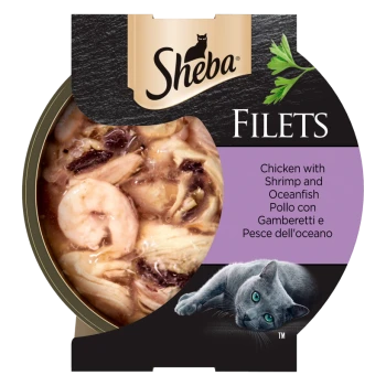 Sheba Filets cat food with chicken, shrimp, and oceanfish, featuring a gray cat and parsley garnish on the label.