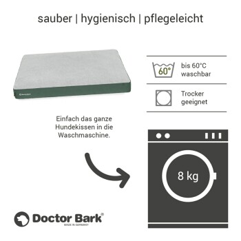 Hundebett von Doctor Bark, mit grauem Oberteil und grünem Unterteil, maschinenwaschbar bis 60°C, geeignet für den Trockner.