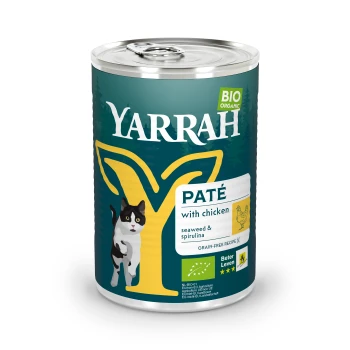 Yarrah Bio-Katzenfutterdose mit einer schwarz-weißen Katzenillustration, beschriftet 'Pâté mit Huhn, Algen & Spirulina', rezeptfrei und ohne Getreide.