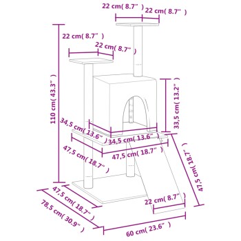 Illustration eines mehrstöckigen Katzenbaums mit einem Haus, Plattformen und einer Rampe, beschriftet mit Abmessungen in cm und Zoll.