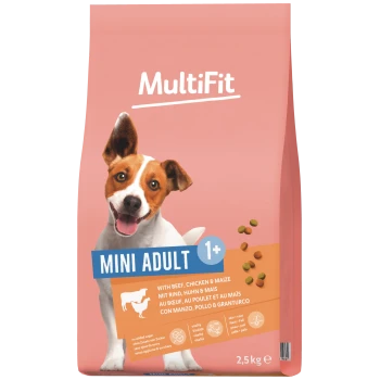 Sac rose MultiFit « Mini Adult 1+ » pour chien avec image d'un petit chien, croquettes éparpillées, texte « WITH BEEF, CHICKEN & MAIZE », 2,5 kg