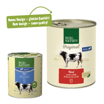 Dwie puszki karmy dla zwierząt Real Nature, jedna mała i jedna duża, z ilustracją krowy i tekstem o designie i składnikach.