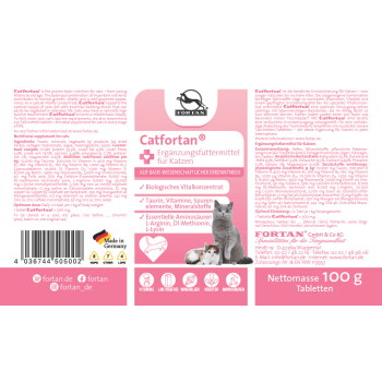 Catfortan® Ergänzung für Katzen in Pink und Weiß, mit Taurin, Vitaminen und Mineralien. 90g, hergestellt in Deutschland, vom Tierarzt empfohlen.