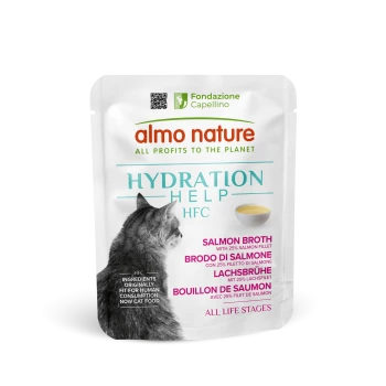 Almo Nature Hydration Help HFC Lachsbrühe Katzenfutterbeutel mit grauem Katzenbild und mehrsprachigem Text.