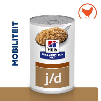 Blik Hill's Prescription Diet j/d natvoer met een lepel vol voeding; zichtbare labels 'PRESCRIPTION DIET', 'j/d' en verticale tekst 'MOBILITEIT'.