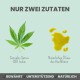 Bild zeigt ein grünes Cannabisblatt mit der Beschriftung "Cannabis Sativa CBD Isolat" und gelbem Öl mit der Beschriftung "Natürliches Öl", mit "NUR ZWEI ZUTATEN" darüber.