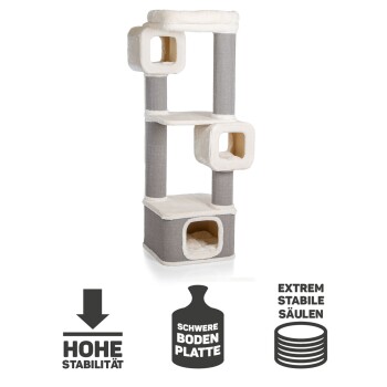 Katzenbaum mit mehreren Ebenen, Kratzpfosten und gemütlichen Verstecken; enthält den Text: "Hohe Stabilität," "Schwere Bodenplatte," "Extrem stabile Säulen."