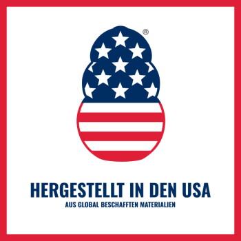 Stilisierte Pfote mit US-Flaggen-Sternen und -Streifen; Text HERGESTELLT IN DEN USA und AUS GLOBAL BESCHAFFTEN MATERIALIEN.