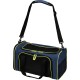 Blue pet carrier bag with black mesh panels and lime green accents, featuring a shoulder strap and dual zippers.