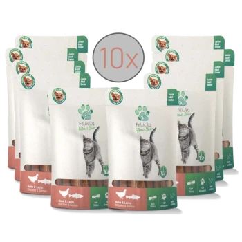 Zehn Packungen Fellicita Felines Sticks für Katzen, mit einer grauen Katze auf der Vorderseite, beschriftet mit "Huhn & Lachs Chicken & Salmon."