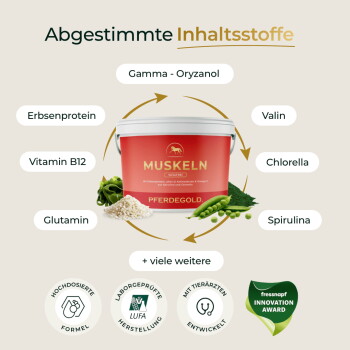Roter Eimer 'MUSKELN PFERDEGOLD', Muskelergänzung mit Kennzeichnungen: Gamma‑Oryzanol, Valin, Spirulina, Chlorella.