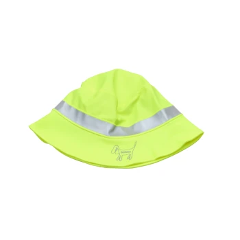 Helle gelbe Hundemütze mit einem reflektierenden silbernen Band und einer gedruckten Umrisslinie eines Hundes, entworfen für Sichtbarkeit und Sonnenschutz.