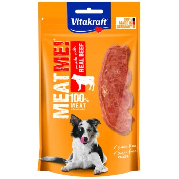 Meat Me! 8x60g Rind Helle orange Verpackung für Vitakraft's "MEAT ME!" Hundesnack mit echtem Rindfleisch, mit einem verspielten Hund und Hinweisen zur Qualität.
