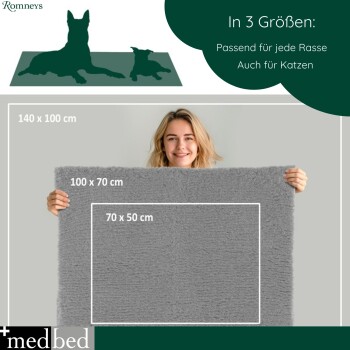 Person hält graue Haustiermatte mit Größenumrissen 140×100 cm, 100×70 cm, 70×50 cm; Text 'In 3 Größen' und Hundesilhouetten.