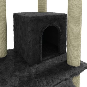 Schwarzer Plüsch-Katzenbaum mit einem würfelförmigen Versteck und zwei mit Sisal umwickelten Kratzpfosten.