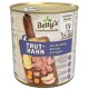 Dose mit Betty's Landhausküche Hundefutter, beschriftet mit "TRUT-HAHN" und enthält Truthahn, Kartoffeln, Karotten und Äpfel, 600g, mit Nährwertangaben.